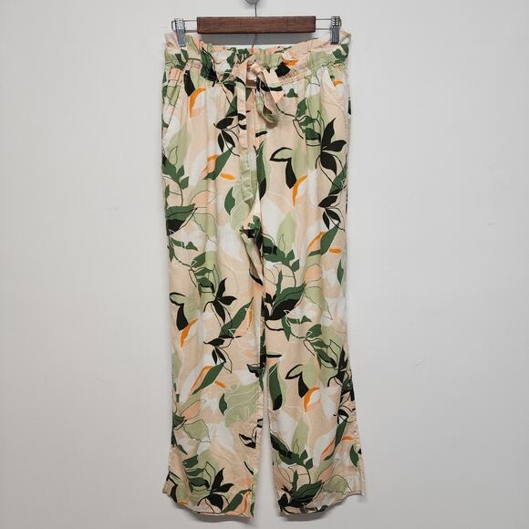 Nicole Miller Tropical Linen Blend Pants Size M Ruffle Waist Straight Leg Travel - Picture 2 of 10